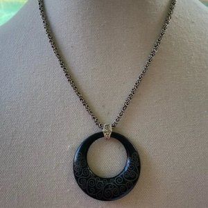 Vintage Brighton Silver Braided Necklace with Black Circle Pendant